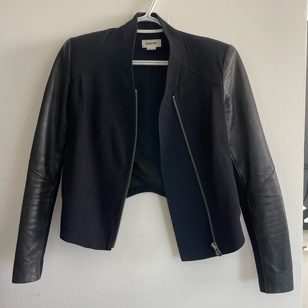 HELMUT LANG cropped wool and leather jacket